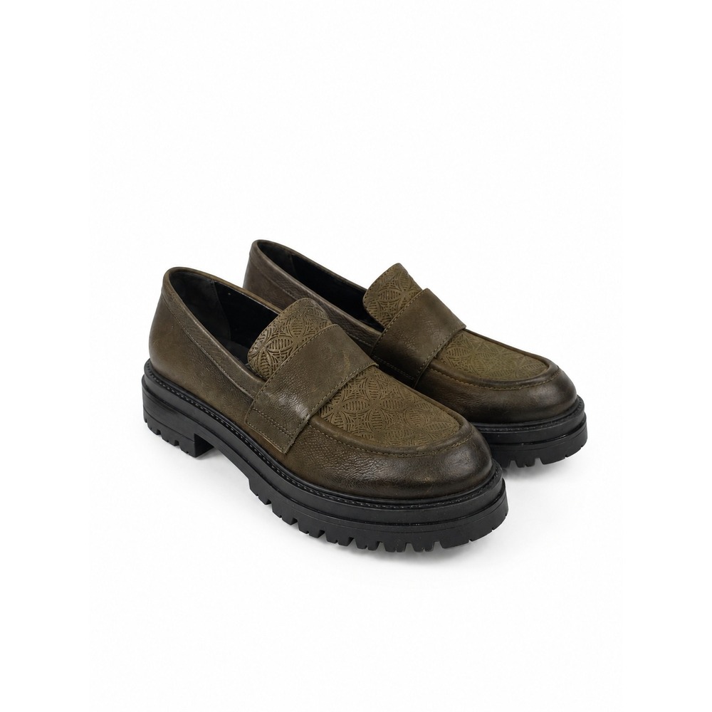 Miz Mooz Daria Olive Brown Leather Lug Sole Penny Loafers Size EU 39 -US 8.5